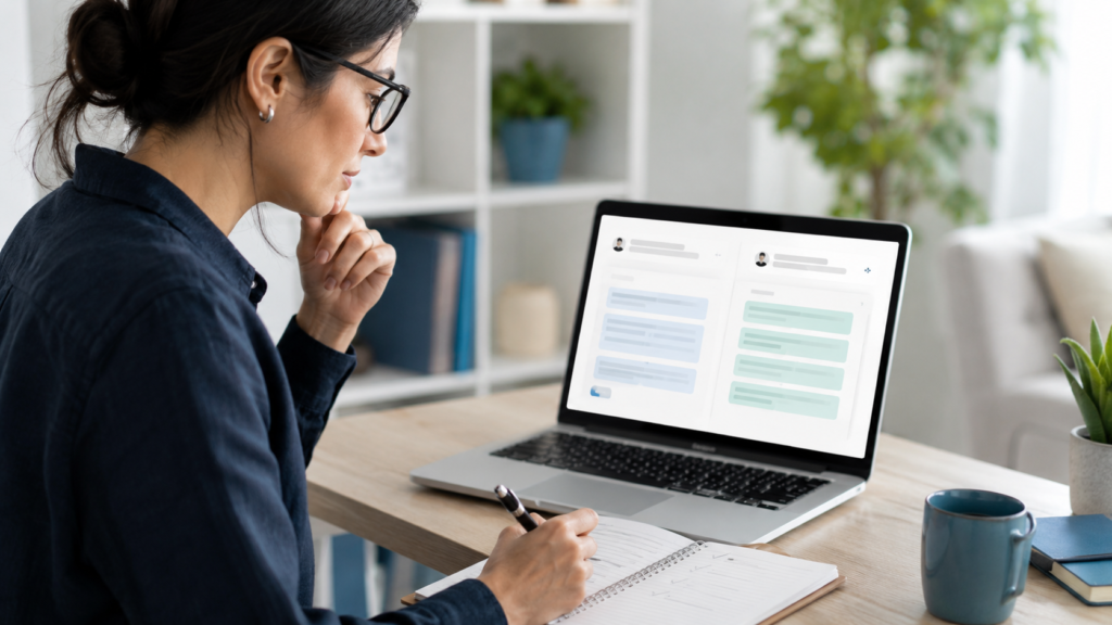 mujer profesional comparando y evaluando respuestas de inteligencia artificial en su computadora antes de aplicarlas en su trabajo