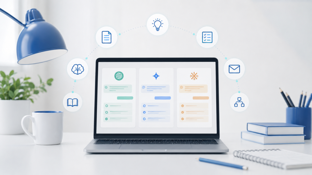 Escritorio limpio con una laptop mostrando tres paneles que representan ChatGPT, Gemini y Claude, rodeada de iconos educativos y de productividad, en un entorno moderno y minimalista.