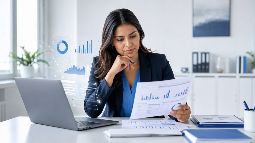 Profesional contable revisando información financiera con apoyo de inteligencia artificial.