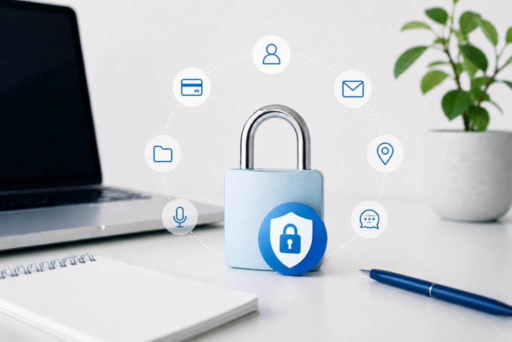 Candado digital rodeado de iconos de información personal frente a una computadora, representando la protección de datos al usar herramientas de inteligencia artificial.